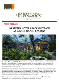 Inkaterra Hotels back on track as Machu Picchu reopens – 2023.02