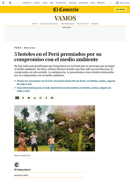 VAMOS, El Comercio – 5 hoteles en el Perú premiados por su compromiso con el medio ambiente – 06.23