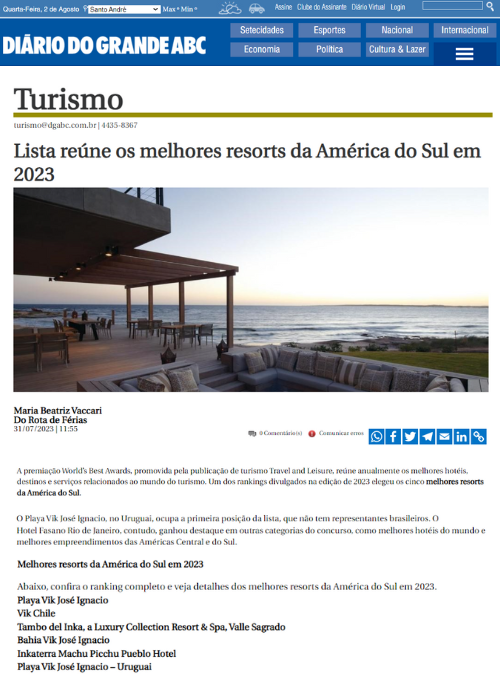 LISTA REÚNE OS MELHORES RESORTS DA AMÉRICA DO SUL EM 2023 – DIARIO DO GRANDE ABC – 07.23