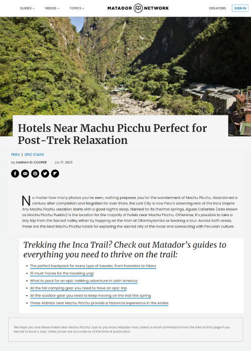 HOTELS NEAR MACHU PICCHU PERFECT FOR POST