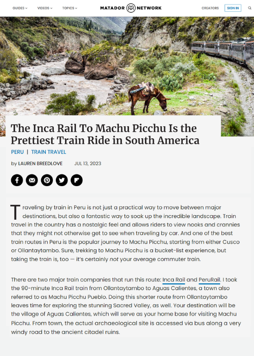 THE INCA RAIL TO MACHU PICCHU IS THE PRETTIEST TRAIN RIDE IN SOUTH AMERICA – MATADOR NETWORK  – 07.23