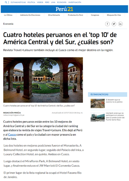 CUATRO HOTELES PERUANOS EN EL ‘TOP 10′ DE AMÉRICA CENTRAL Y DEL SUR, ¿CUÁLES SON? – PERU21 – 07.23
