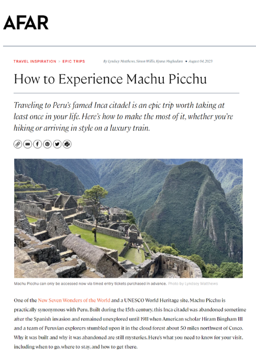 AFAR – HOW TO EXPERIENCE MACHU PICCHU – 08.23