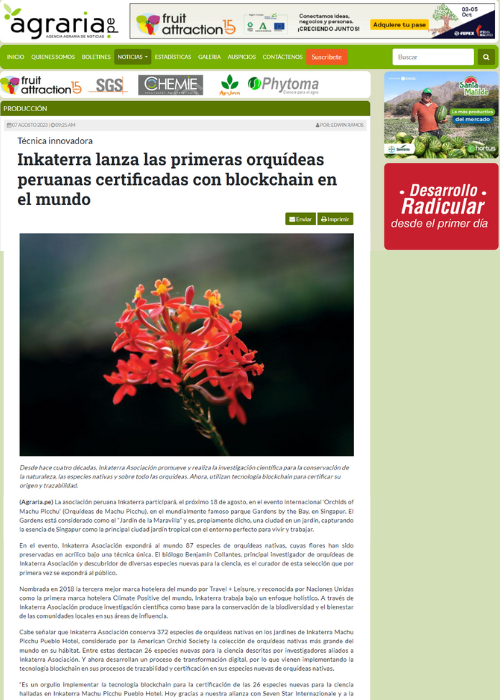 AGRARIA.PE – INKATERRA LANZA LAS PRIMERAS ORQUÍDEAS PERUANAS CERTIFICADAS CON BLOCKCHAIN EN EL MUNDO – 08.23