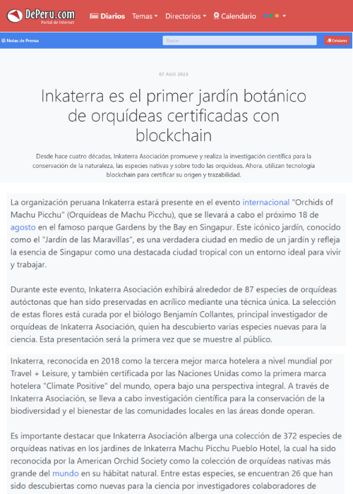 De Perú – INKATERRA ES EL PRIMER JARDÍN BOTÁNICO DE ORQUÍDEAS CERTIFICADAS CON BLOCKCHAIN – 08.23