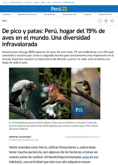 Peru21 – DE PICO Y PATAS: PERÚ, HOGAR DEL 19% DE AVES EN EL MUNDO. UNA DIVERSIDAD INFRAVALORADA – 08.23