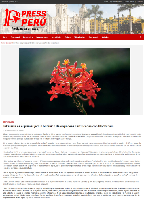 Press Perú – INKATERRA ES EL PRIMER JARDÍN BOTÁNICO DE ORQUÍDEAS CERTIFICADAS CON BLOCKCHAIN – 08.23