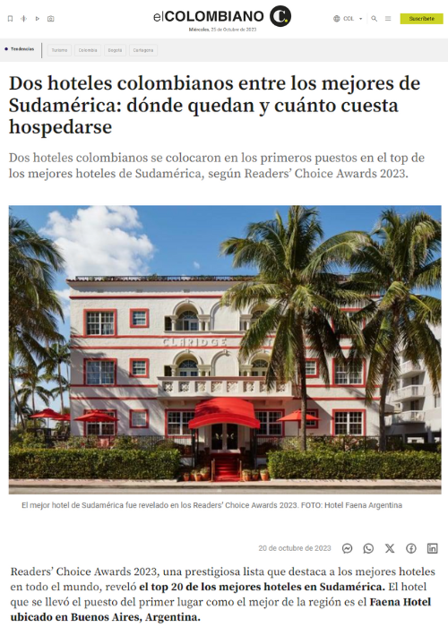 DOS HOTELES COLOMBIANOS ENTRE LOS MEJORES DE SUDAMÉRICA: DÓNDE QUEDAN Y CUÁNTO CUESTA HOSPEDARSE – EL COLOMBIANO – 10.23