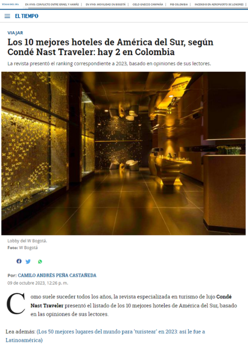 LOS 10 MEJORES HOTELES DE AMÉRICA DEL SUR, SEGÚN CONDÉ NAST TRAVELER: HAY 2 EN COLOMBIA – EL TIEMPO – 10.23