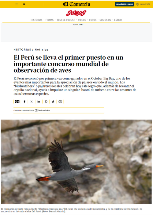 EL PERÚ SE LLEVA EL PRIMER PUESTO EN UN IMPORTANTE CONCURSO MUNDIAL DE OBSERVACIÓN DE AVES – SOMOS – EL COMERCIO – 11.23