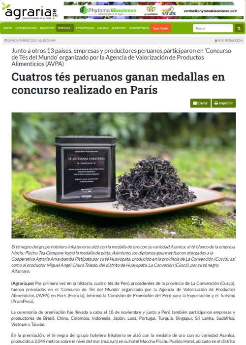 CUATROS TÉS PERUANOS GANAN MEDALLAS EN CONCURSO REALIZADO EN PARÍS – AGRARIA.PE – 11.23