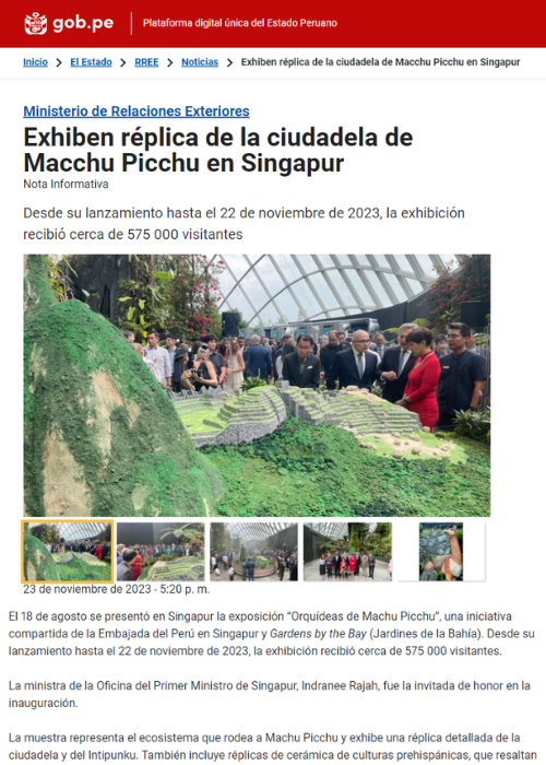 EXHIBEN RÉPLICA DE LA CIUDADELA DE MACCHU PICCHU EN SINGAPUR – GOB.PE – 11.23