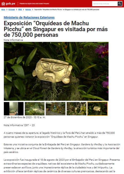 EXPOSICIÓN “ORQUÍDEAS DE MACHU PICCHU” EN SINGAPUR ES VISITADA POR MÁS DE 750,000 PERSONAS – GOB.PE – 12.23