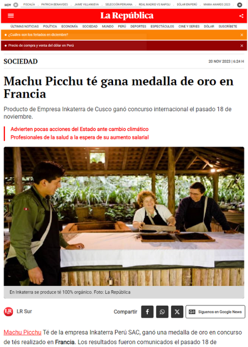 MACHU PICCHU TÉ GANA MEDALLA DE ORO EN FRANCIA – LA REPUBLICA – 11.23