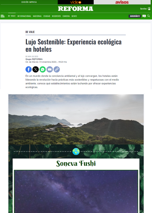 LUJO SOSTENIBLE: EXPERIENCIA ECOLÓGICA EN HOTELES – REFORMA.COM – 12.23