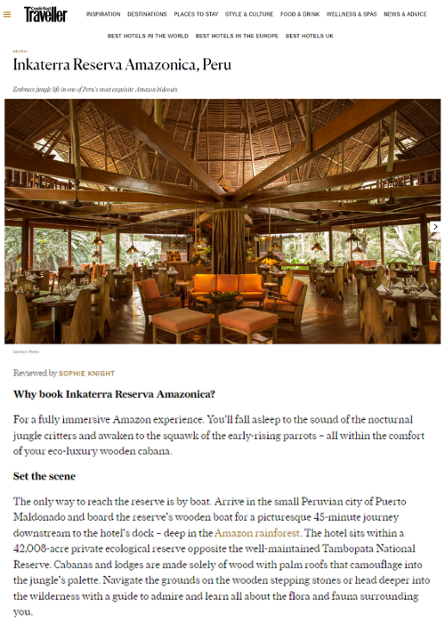 REVIEW – INKATERRA RESERVA AMAZONICA – CONDE NAST TRAVELLER – 02.24