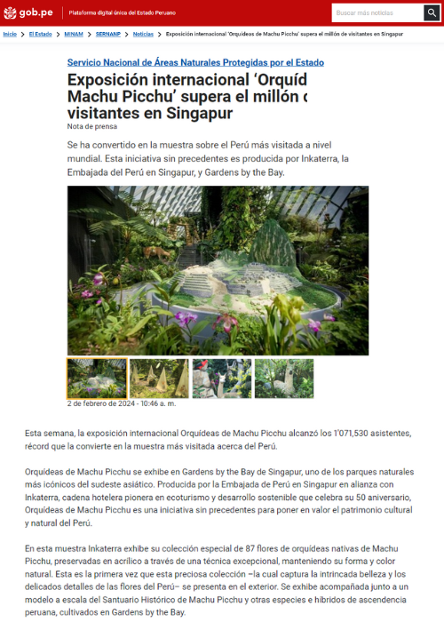 EXPOSICIÓN INTERNACIONAL ‘ORQUÍDEAS DE MACHU PICCHU’ SUPERA EL MILLÓN DE VISITANTES EN SINGAPUR – GOB.PE – 02.24