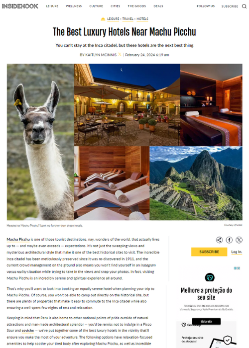 THE BEST LUXURY HOTELS NEAR MACHU PICCHU – INSIDEHOOK – 02.24