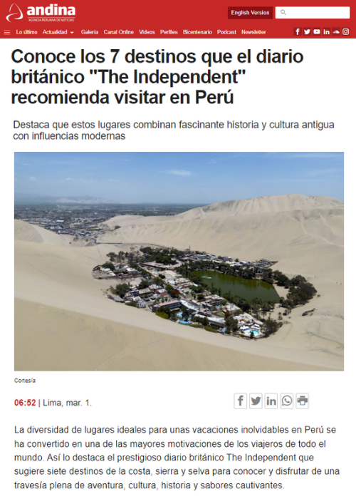 CONOCE LOS 7 DESTINOS QUE EL DIARIO BRITÁNICO “THE INDEPENDENT” RECOMIENDA VISITAR EN PERÚ – ANDINA – 03.24