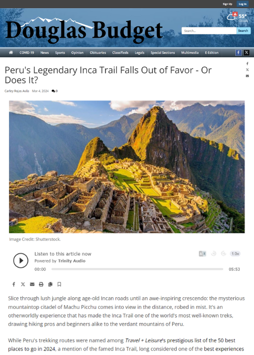 PERU’S LEGENDARY INCA TRAIL FALLS OUT OF FAVOR – OR DOES IT? – DOUGLAS BUDGET – 03.24