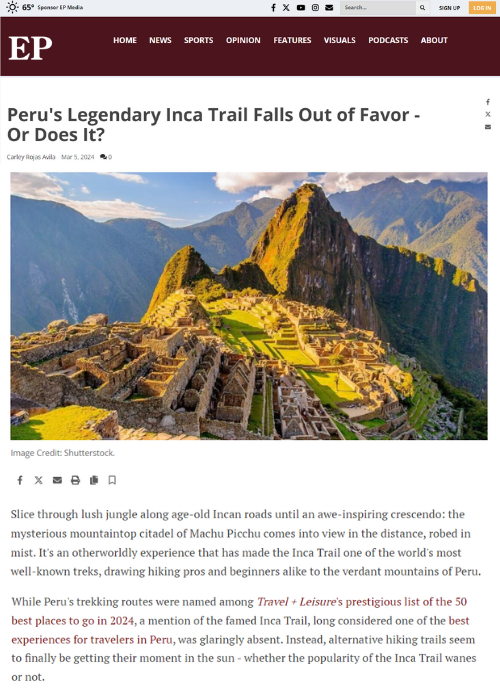 PERU’S LEGENDARY INCA TRAIL FALLS OUT OF FAVOR – OR DOES IT? – EASTERN PROGRESS – 03.24