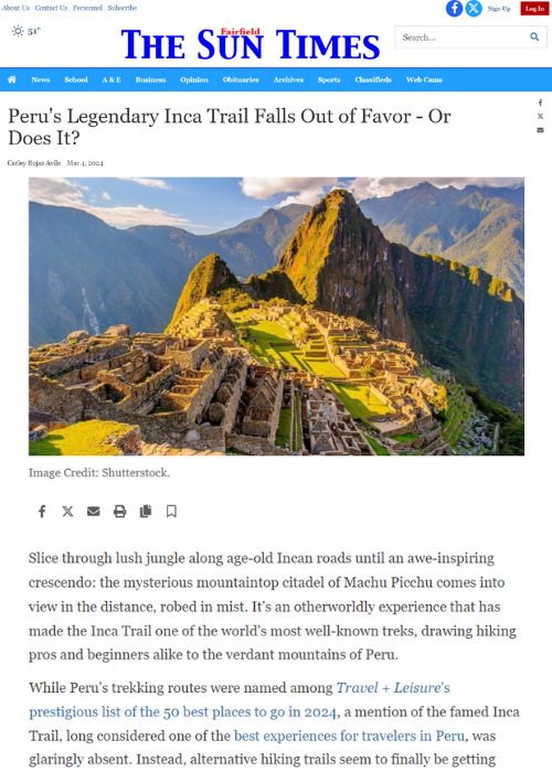 PERU’S LEGENDARY INCA TRAIL FALLS OUT OF FAVOR – OR DOES IT? – FAIRFIELD THE SUN TIMES – 03.24
