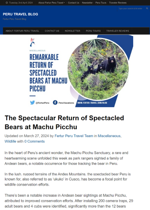 THE SPECTACULAR RETURN OF SPECTACLED BEARS AT MACHU PICCHU – FERTUR TRAVEL BLOG – 03.24