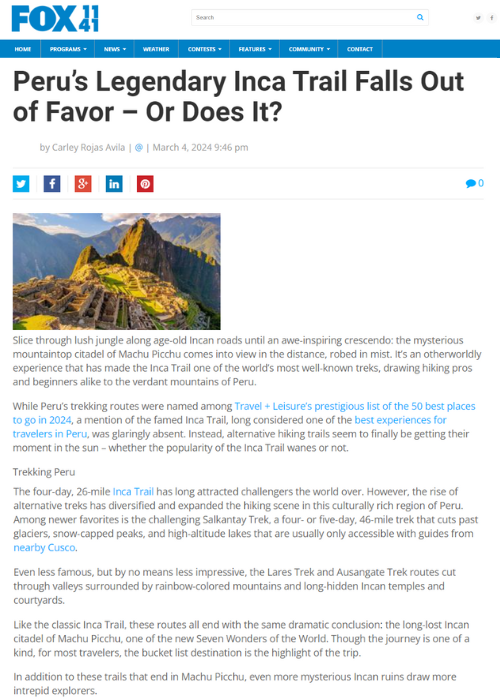 PERU’S LEGENDARY INCA TRAIL FALLS OUT OF FAVOR – OR DOES IT? – FOX 11