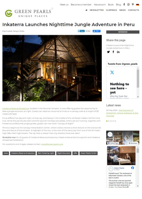 INKATERRA LAUNCHES NIGHTTIME JUNGLE ADVENTURE IN PERU – GREEN TRAVEL, NEWSROOM – 04.24