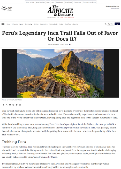 PERU’S LEGENDARY INCA TRAIL FALLS OUT OF FAVOR – OR DOES IT? – THE ADVOCATE AND DEMOCRAT – 03.24