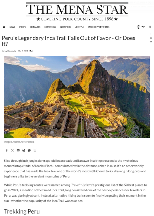 PERU’S LEGENDARY INCA TRAIL FALLS OUT OF FAVOR – OR DOES IT? – THE MENA STAR – 03.24