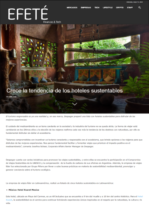 CRECE LA TENDENCIA DE LOS HOTELES SUSTENTABLES – EFETE NEWS – 05.24