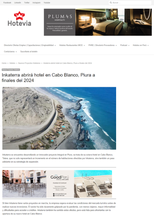 INKATERRA ABRIRÁ HOTEL EN CABO BLANCO, PIURA A FINALES DEL 2024 – HOTEVIA – 08.24