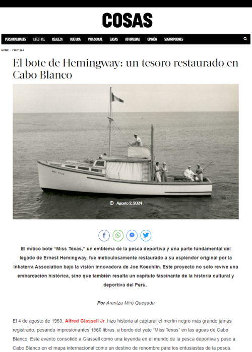 EL BOTE DE HEMINGWAY: UN TESORO RESTAURADO EN CABO BLANCO – REVISTAS COSAS – 08.24