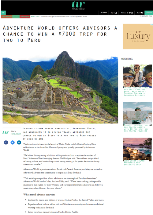 ADVENTURE WORLD OFFERS ADVISORS A CHANCE TO WIN A $7000 TRIP FOR TWO TO PERU – TRAVEL WEEKLY – 11.24