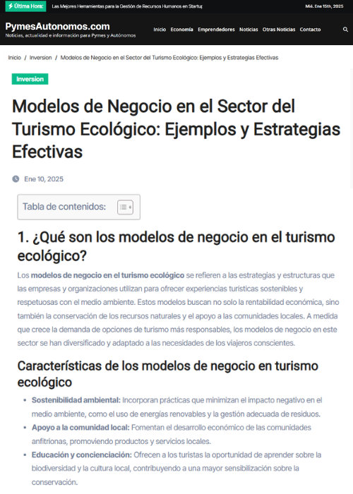 MODELOS DE NEGOCIO EN EL SECTOR DEL TURISMO ECOLÓGICO: EJEMPLOS Y ESTRATEGIAS EFECTIVAS – PYMES AUTÓNOMOS – 01.25