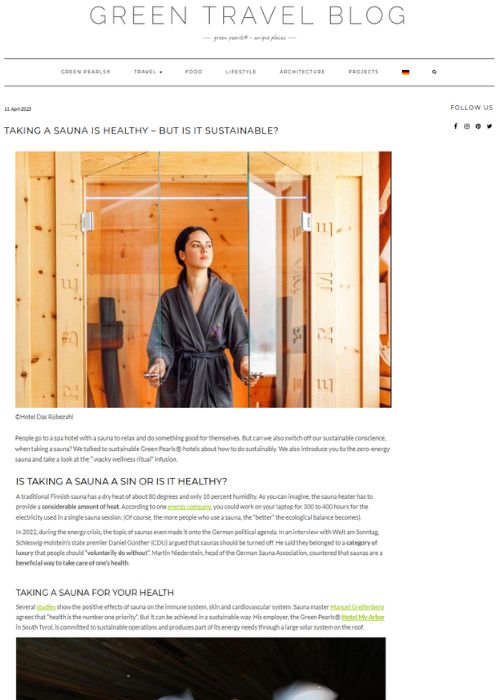 TAKING A SAUNA IS HEALTHY – BUT IS IT SUSTAINABLE? – GREEN TRAVEL BLOG (DE) by Laura Farag – 04.25