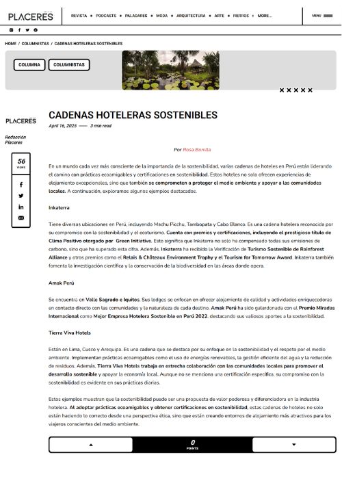 CADENAS HOTELERAS SOSTENIBLES – REVISTA PLACERES (PE) by Rosa Bonilla – 04.25