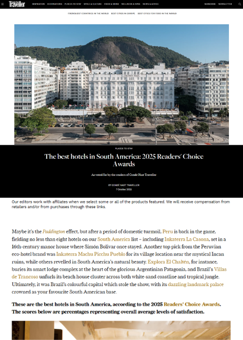 THE BEST HOTELS IN SOUTH AMERICA: 2025 READERS’ CHOICE AWARDS – CONDÉ NAST TRAVELLER – 10.25
