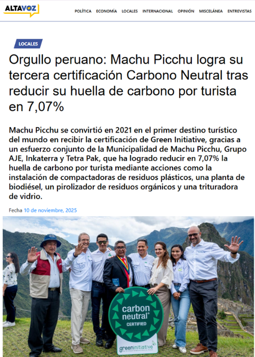 Machu Picchu recibe su tercera certificación Carbono Neutral – ALTAVOZ – NOV.25