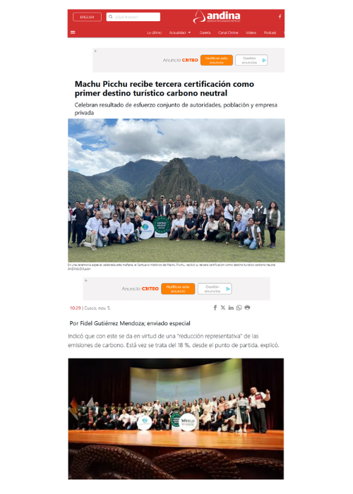 Machu Picchu recibe tercera certificación como primer destino turístico carbono neutral – ANDINA – NOV.25