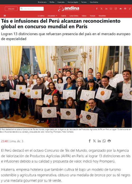 Tés e infusiones del Perú alcanzan reconocimiento global en concurso mundial en París – Andina – DEC.25