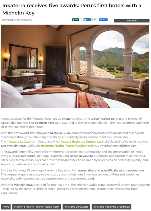 Inkaterra receives five awards – Peru’s first hotels with a Michelin Key – GREENPEARLS – NOV.25