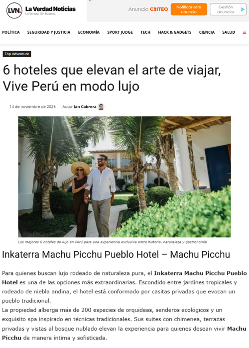 6 hoteles que elevan el arte de viajar, Vive Perú – LA VERDAD NOTICIAS – NOV.25