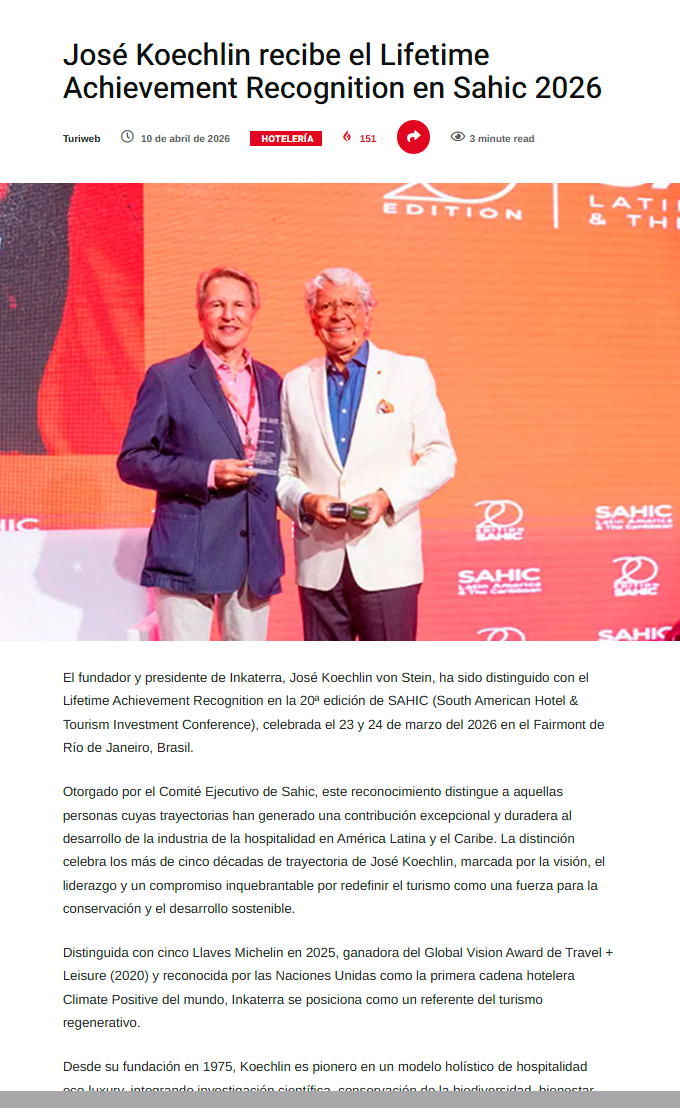 José Koechlin recibe El Lifetime Achievement Recognition en Sahic 2026