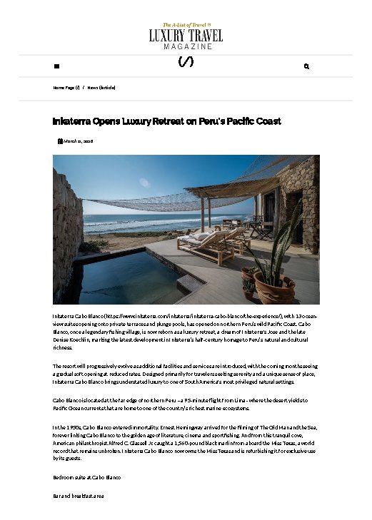 INKATERRA OPENS LUXURY RETREAT ON PERU’S PACIFIC COAST